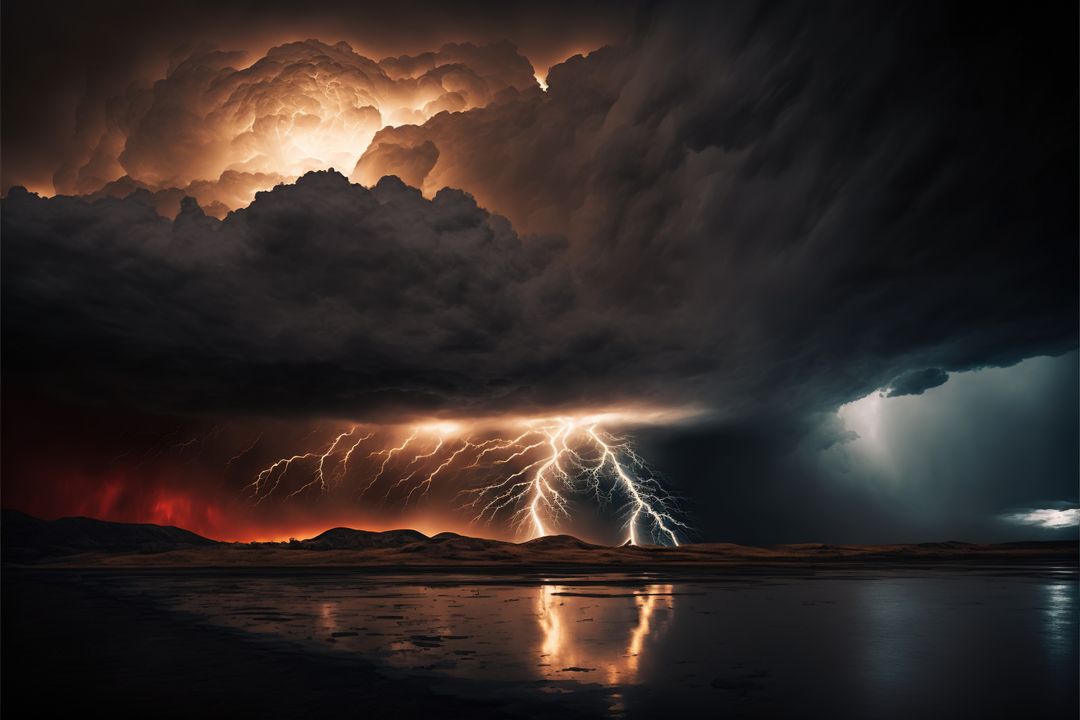 Dark Thunderstorm Over Reflective Water with Dramatic Lightning - Free Images, Stock Photos and Pictures on Pikwizard.com