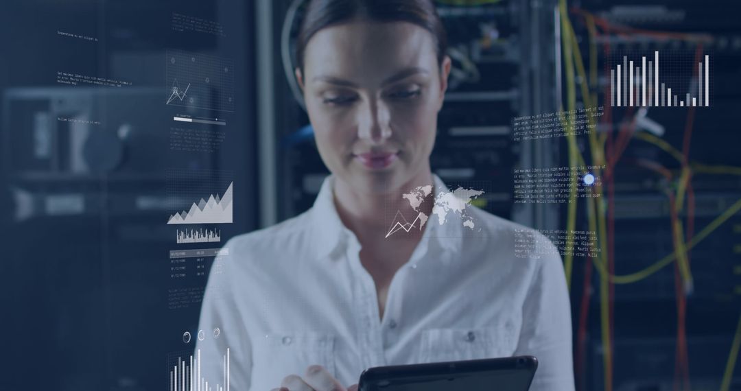 Caucasian Woman Working in Server Room with Digital Graphs