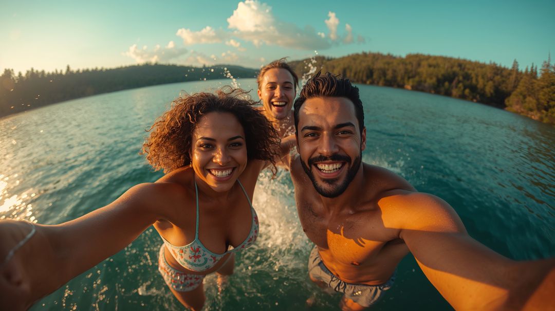 Sunset Lake Selfie of Three Friends Smiling and Splashing in Swimwear for Summer Getaway