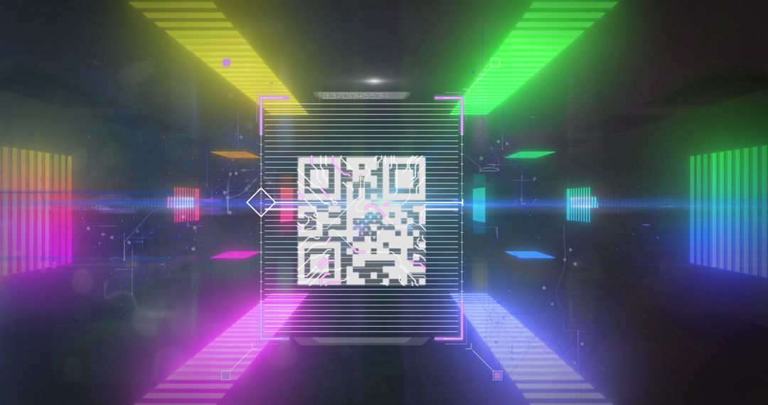 Futuristic QR Code with Biometric Technology in Neon Tunnel