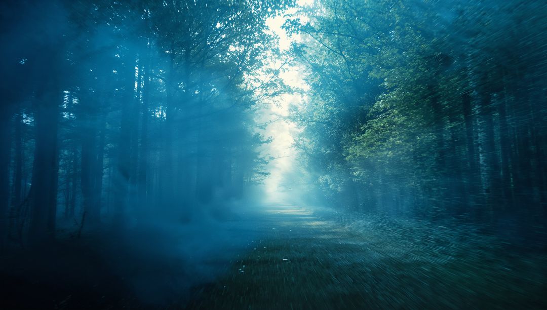 Surreal Misty Forest Path with Ethereal Light