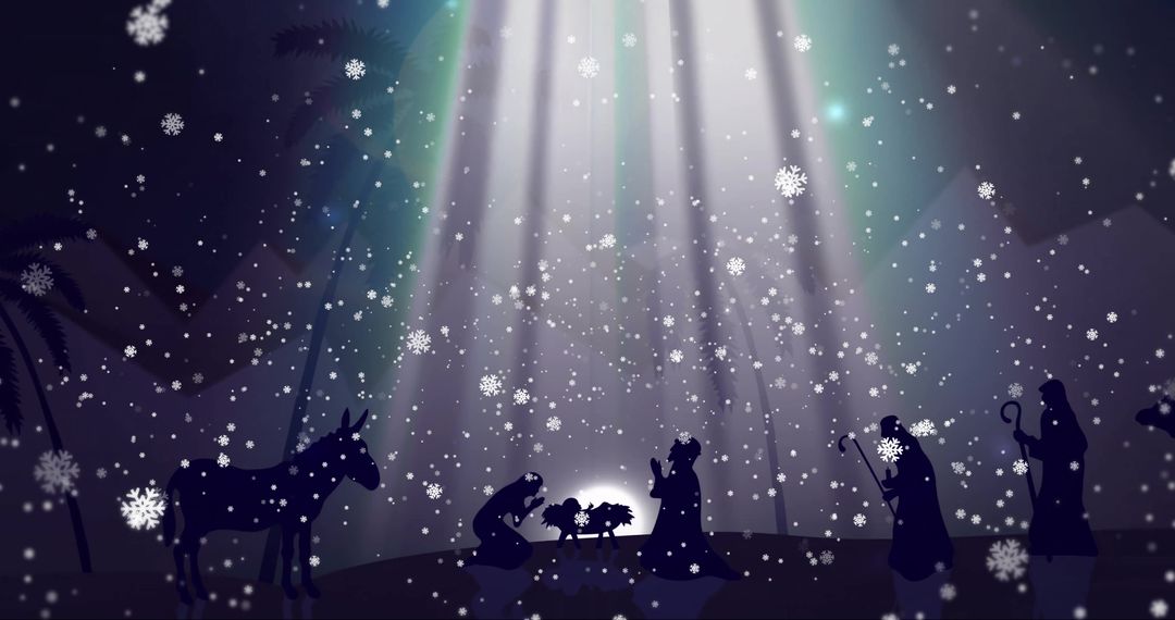 Enchanting Christmas Scene with Falling Snow over Nativity Silhouette