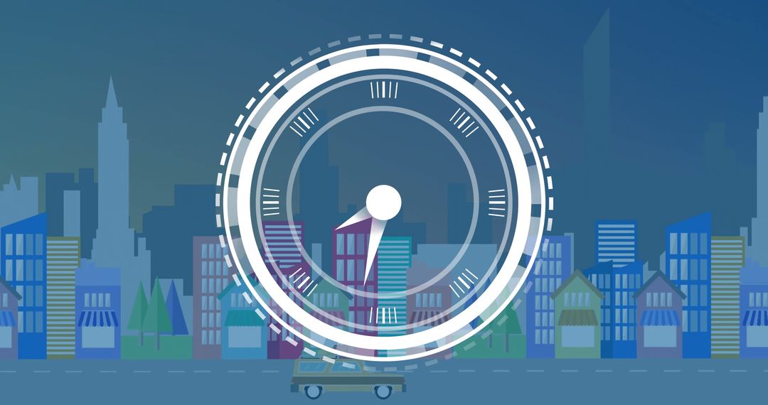 Analog Gauge Overlay on Urban Cityscape with Modern Skyscrapers
