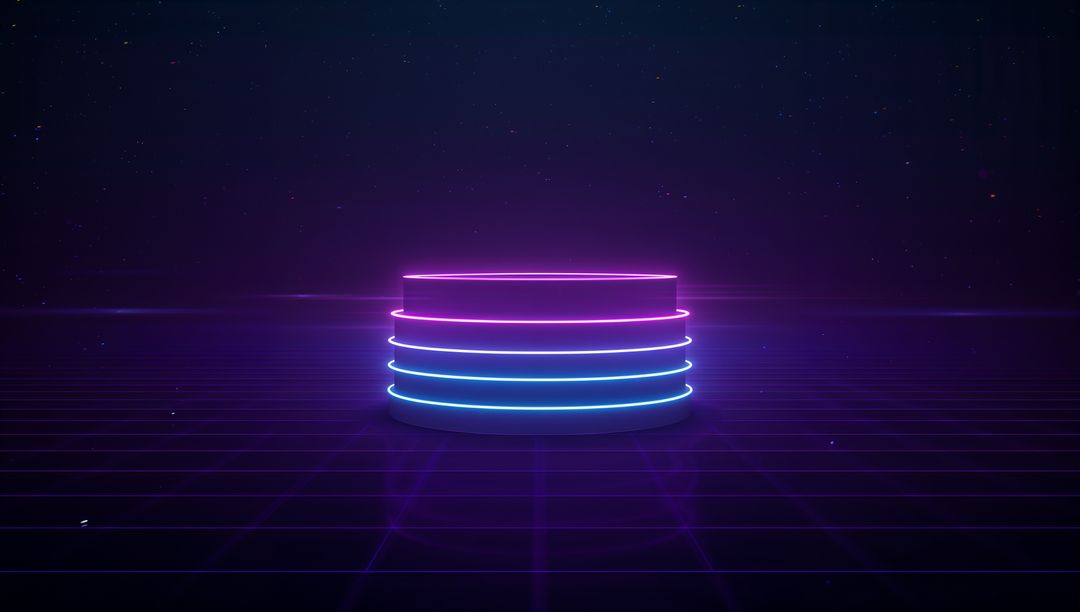 Neon Synthwave Podium Glowing Magenta Cyan Rings on Retro Futuristic Grid Minimalist