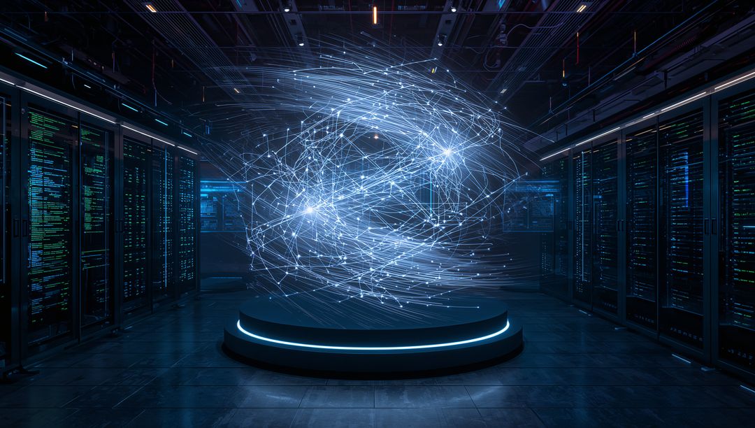 Holographic Network Sphere in Data Center Symbolizing Connectivity