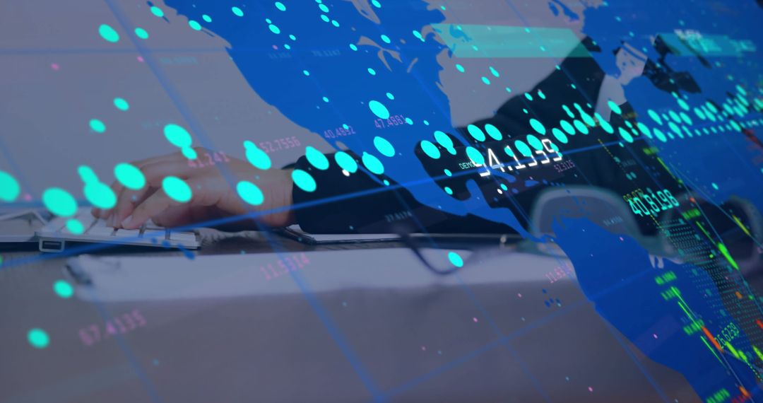 Woman Typing on Laptop with Data Visualization Overlay