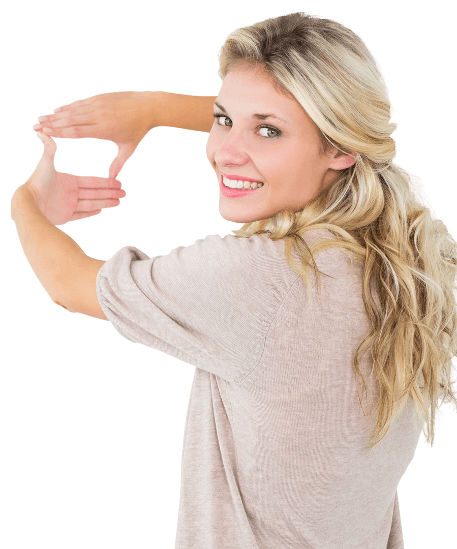 Happy Blonde Woman Making Hand Frame Gesture on Transparent Background