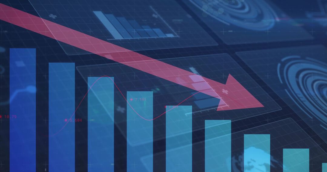 Downward Trend Depicted with Red Arrow and Bar Graph on Digital Interface