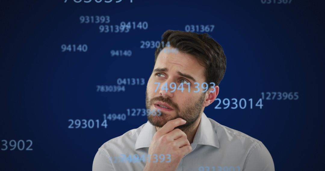 Thoughtful Man Analyzing Floating Numbers in Digital Space