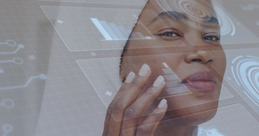 Woman Applying Cream with Futuristic Digital Interface Overlay