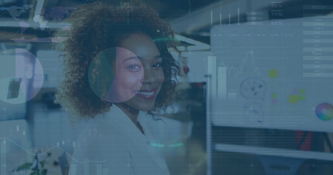 Smiling Businesswoman with Infographic Overlay, Global Finance Concept