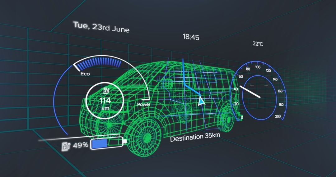 Futuristic 3D Electric Car Interface with Data Visualization