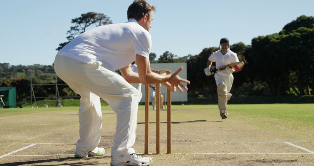 Cricketer Awaiting the Ball as Batsman Runs In During Outdoor Match - Free Images, Stock Photos and Pictures on Pikwizard.com