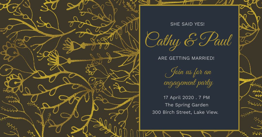 Elegant Golden Botanical Engagement Party Invitation - Download Free Stock Templates Pikwizard.com