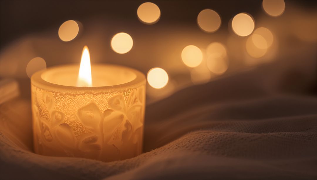 Frosted Floral Candleholder Glowing on Soft Blanket with Warm Fairy Light Bokeh Cozy Ambience