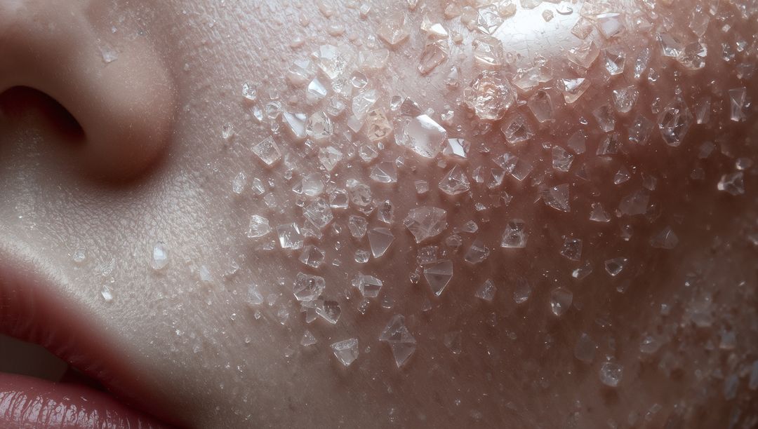 Showing macro cheek with crystalline exfoliant granules, glossy pores and lip closeup