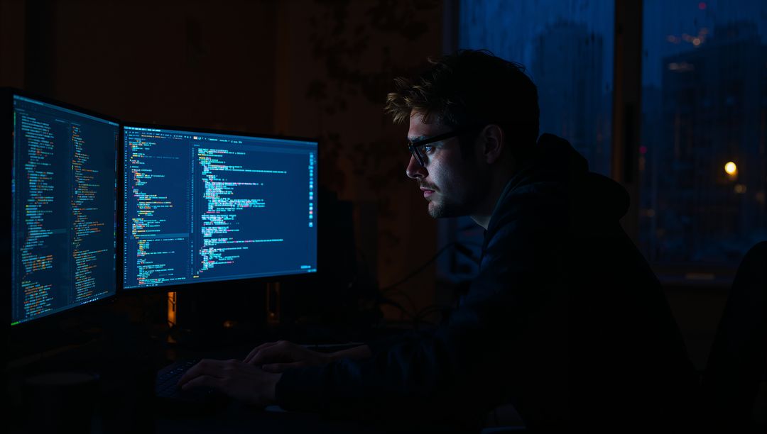 Nighttime programmer coding on dual monitors with focused expression and blue screen glow