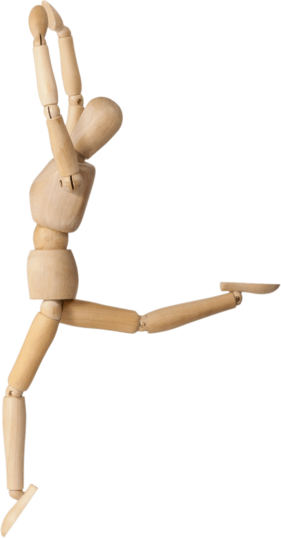 Wooden Art Mannequin Exercising in Mid-Leap Transparent Background