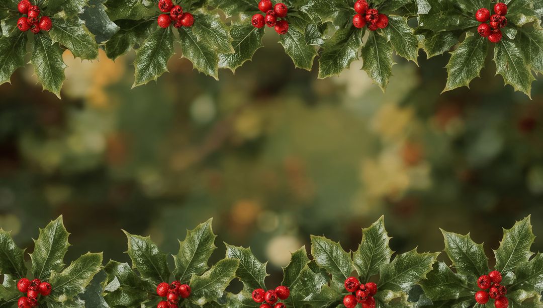 Glossy Holly Border with Red Berries and Dew Drops on Soft Bokeh Green Backdrop