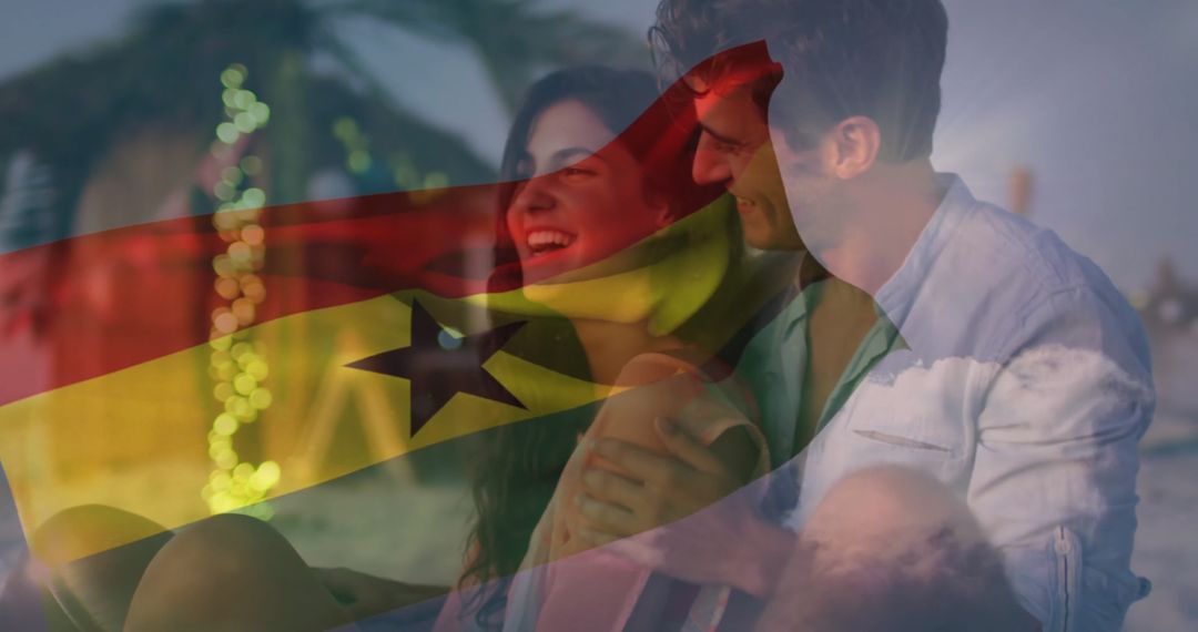 Romantic Beach Moment with Ghana Flag Overlay at Sunset
