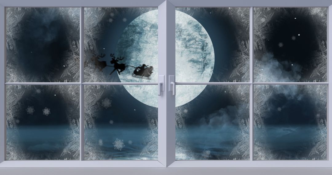 Santa's Sleigh Silhouette Against Full Moon Through Frosty Window - Free Images, Stock Photos and Pictures on Pikwizard.com