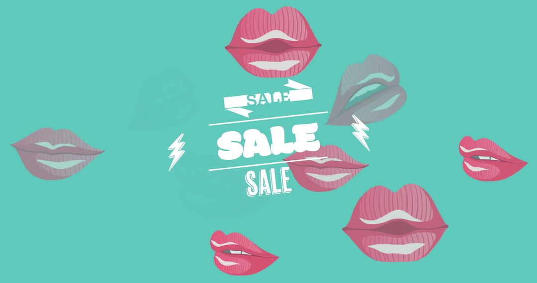 Colorful Lip Icons Surrounding Sale Text on Turquoise Background