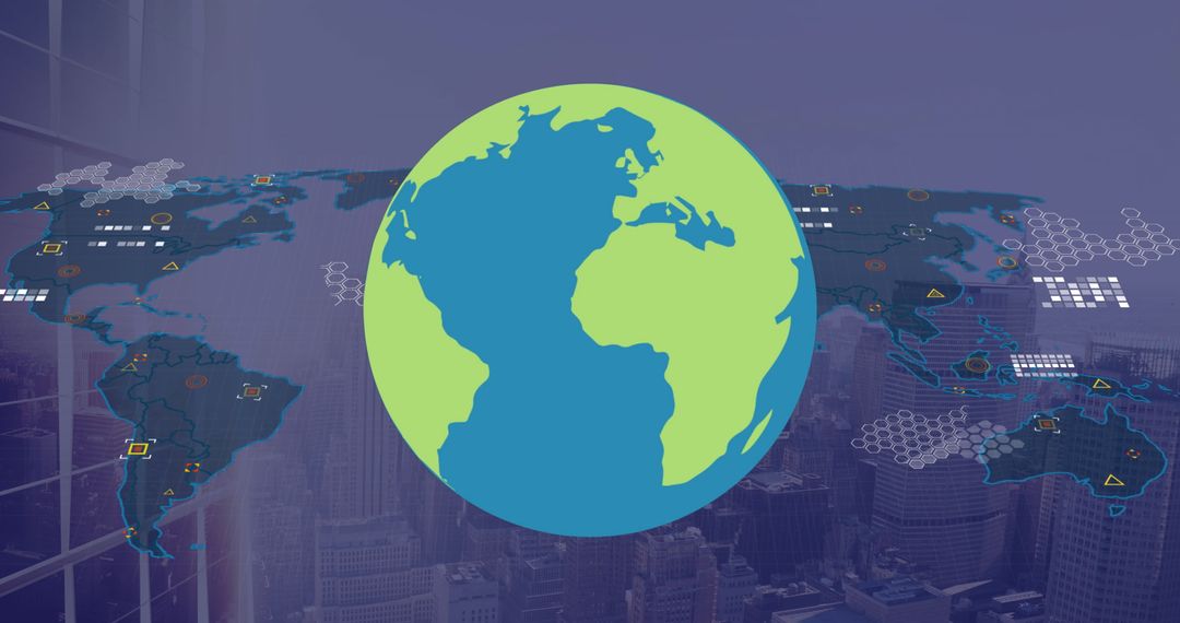 Global Connectivity: World Map and Technology Overlay on Cityscape