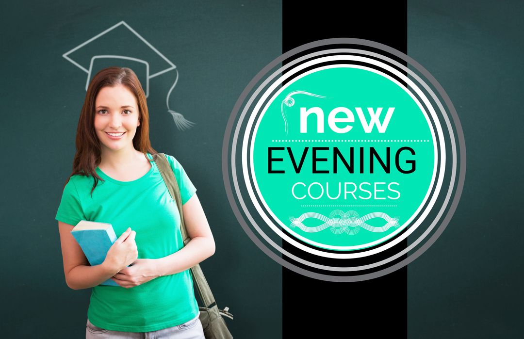 smiling student with announcement for new evening courses - Download Free Stock Images Pikwizard.com