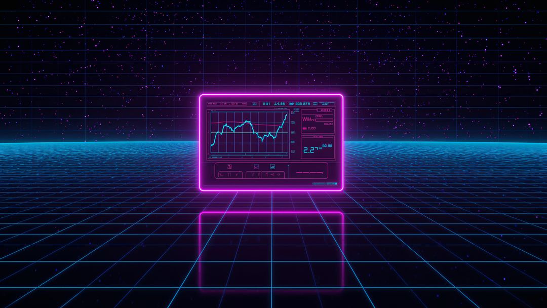 Futuristic Neon Floating Monitor Displaying Rising Graph on Grid