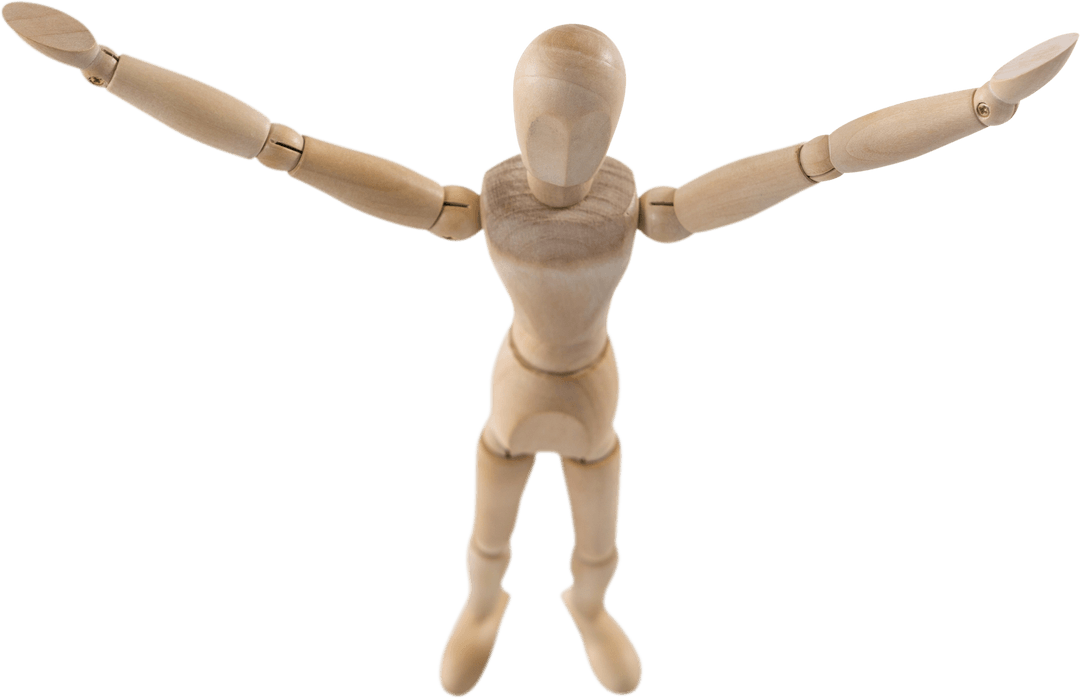 Wooden Mannequin with Outstretched Arms on Transparent Background