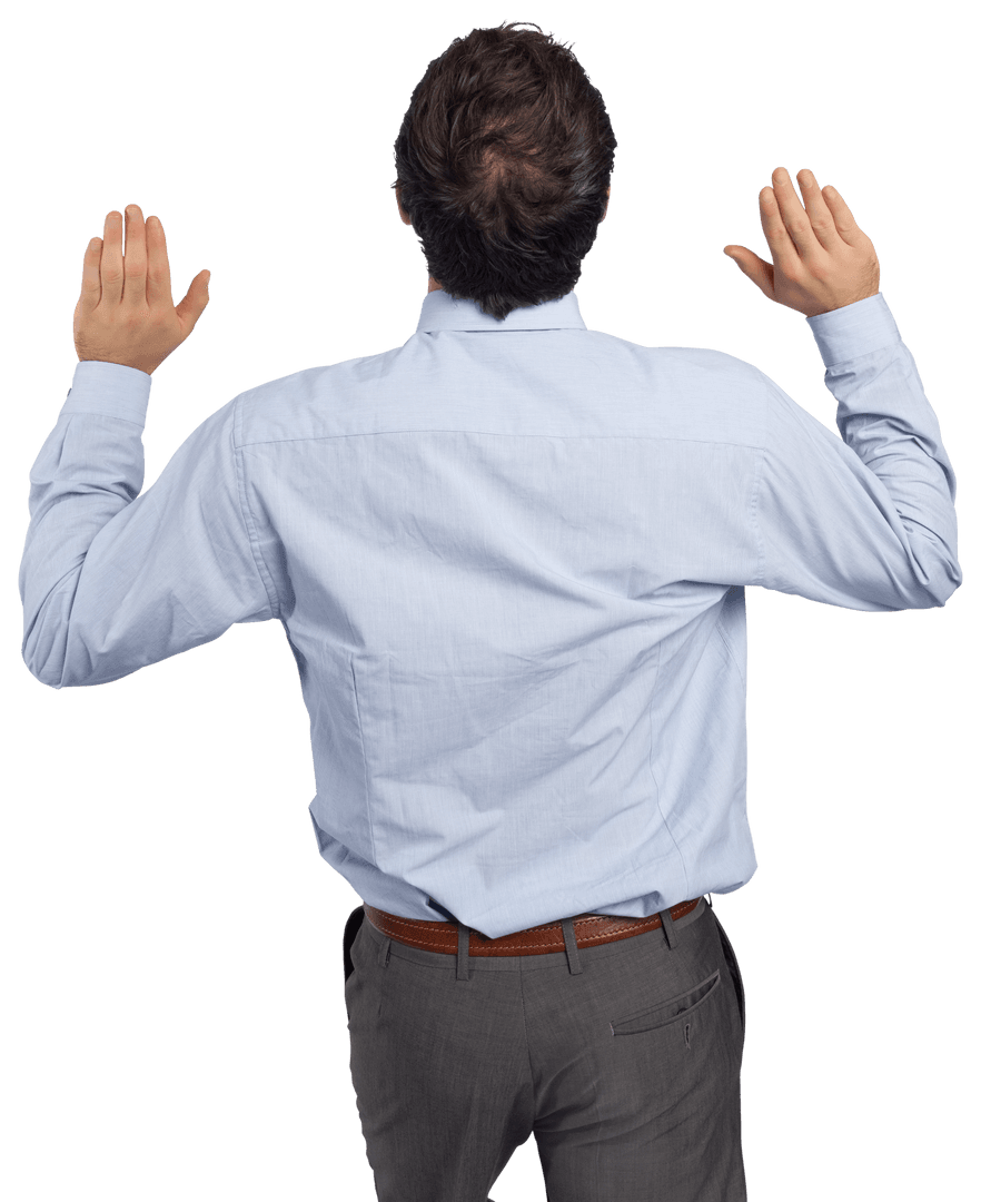 Transparent Businessman with Hands Raised in Gesture