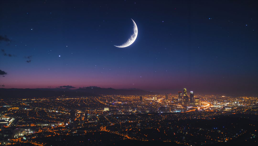 Crescent Moon Over Vibrant Cityscape at Twilight