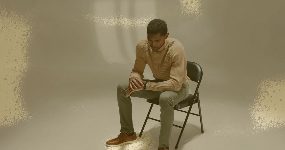 Man Sitting on Folding Chair in Minimalistic Setting Contemplating