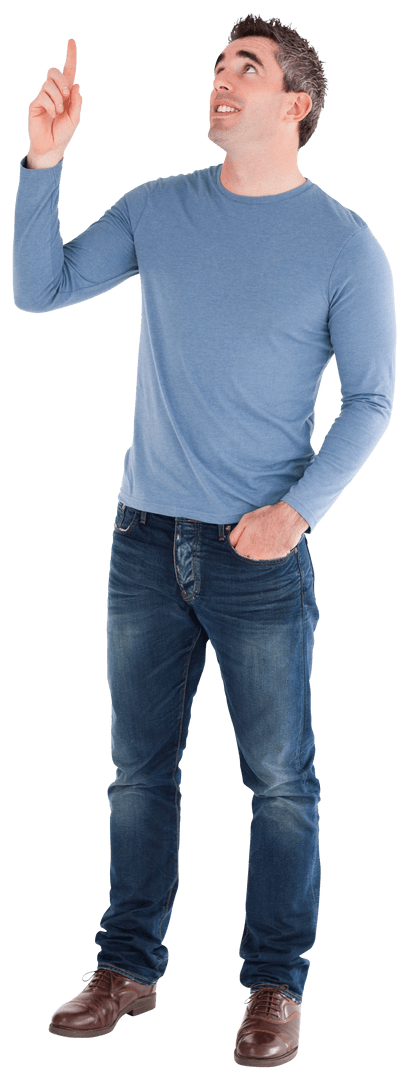 Young Man Pointing Upward with Confidence Transparent