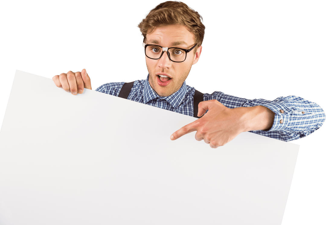 Excited Young Man Pointing at Blank Transparent Sign for Advertisements