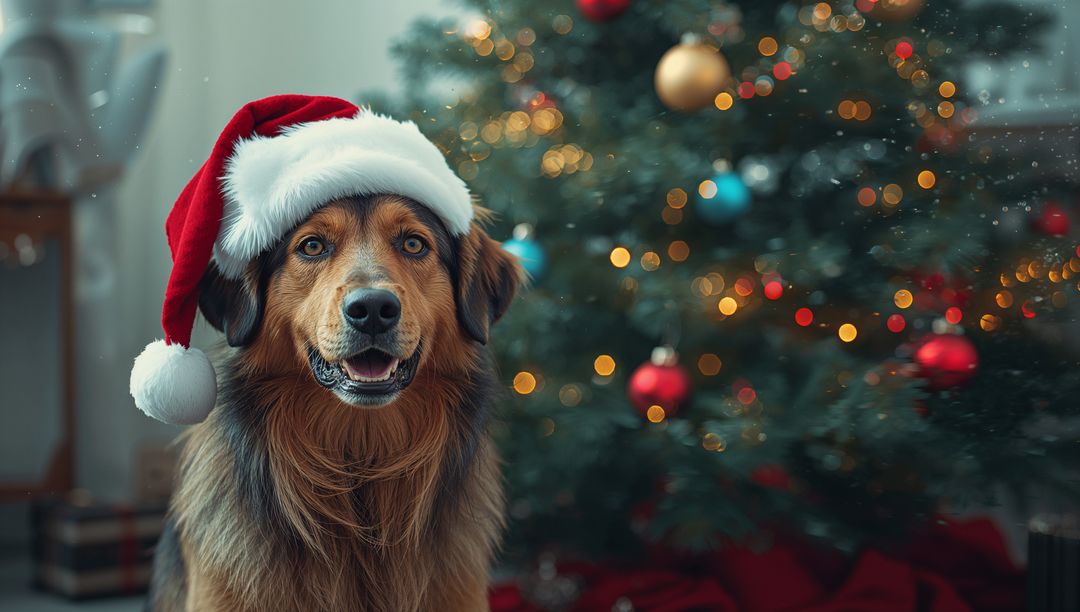 Happy Dog in Santa Hat with Lit Christmas Tree Holiday Theme