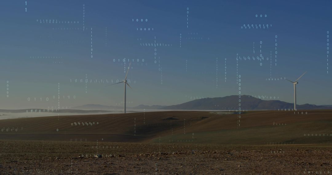 Wind Turbines Generating Clean Energy Across Foggy Valley With Digital Binary Overlay