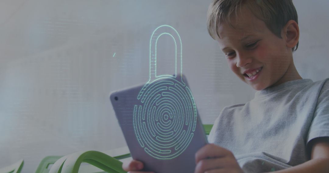 Smiling Boy Using Tablet with Digital Lock Hologram