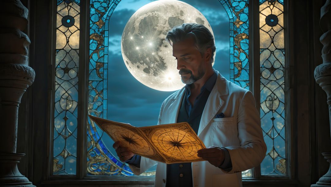 Astrologist contemplating star chart in gothic observatory by night