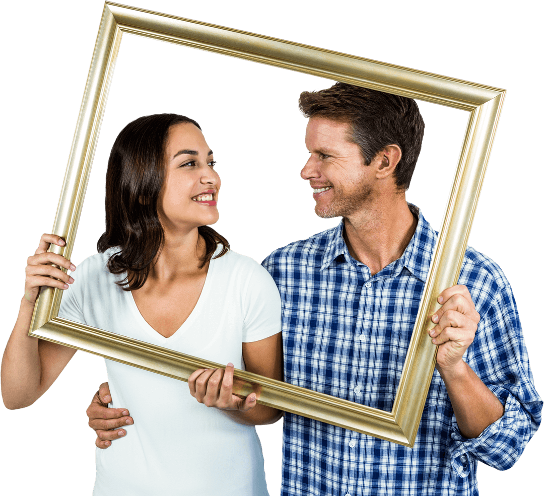 Transparent Couple Holding Gold Picture Frame Smiling Joyfully