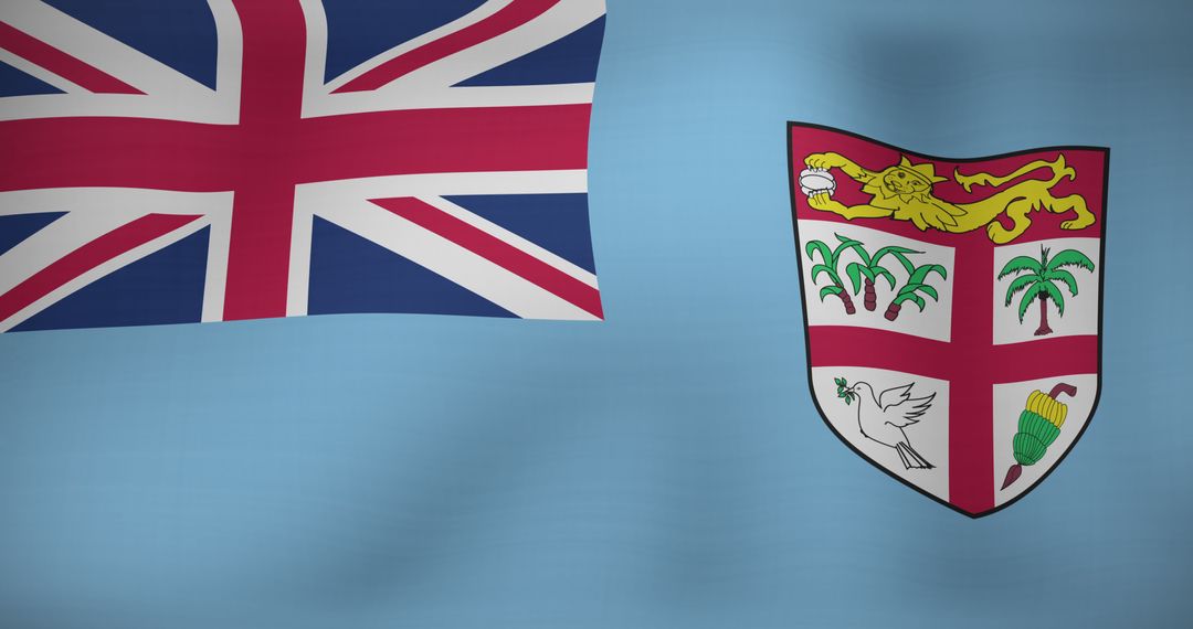 Fiji National Flag Waving with Union Jack and Shield Emblem