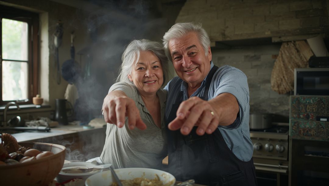 Smiling senior couple offering steaming bowl while cooking in cozy rustic kitchen in aprons