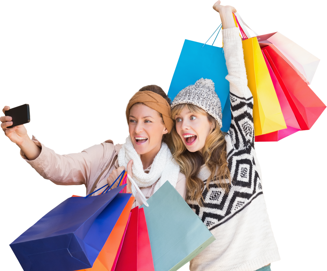 Shopping Fun: Two Women Making Selfie with Apparel Bags, Transparent Background - Download Free Stock Images Pikwizard.com