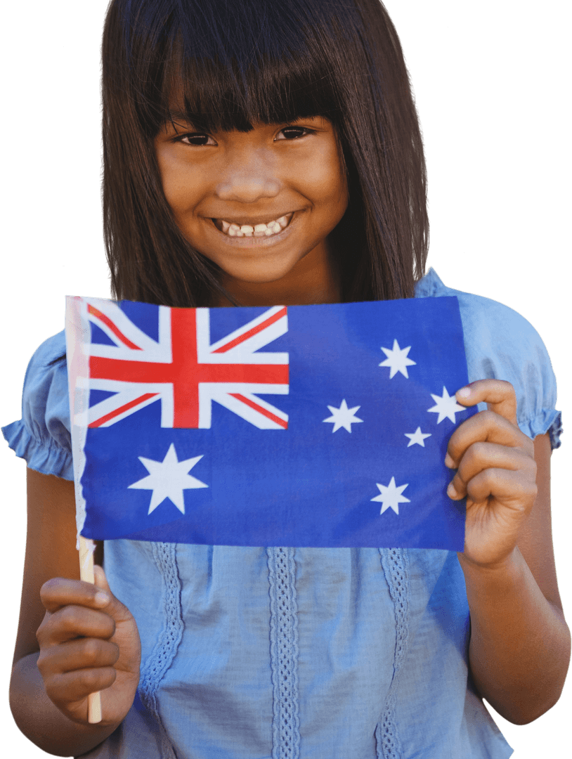 Cute Smiling Girl Holding Australian Flag on Transparent Background