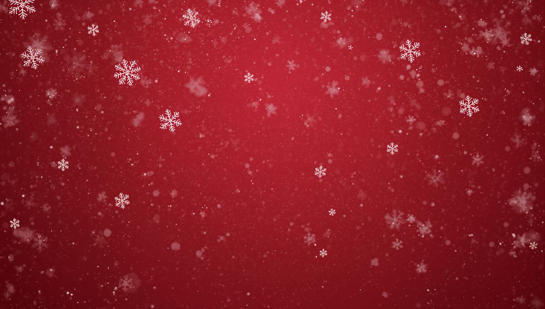 Festive red backdrop with falling snowflakes, bokeh sparkle and soft vignette for holiday design