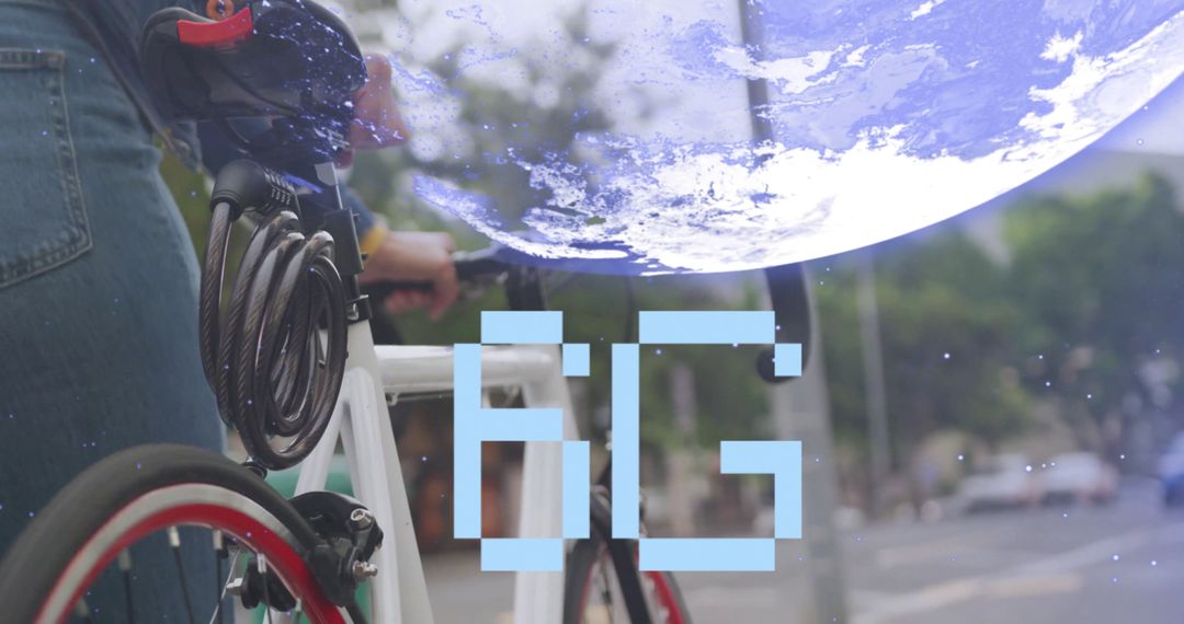 Urban Cyclist with 5G Technology Overlay with Globe Animation