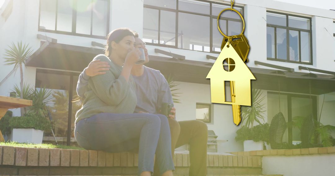 Happy Biracial Couple Relaxing Outside New Home