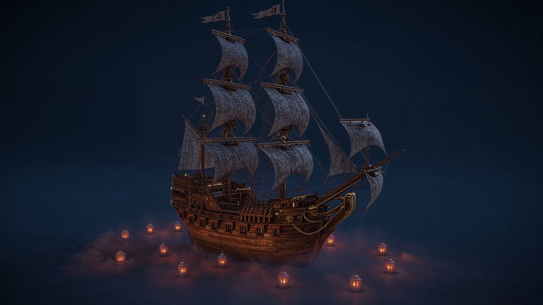 Floating pirate ship at night with lantern-lit ocean scene
