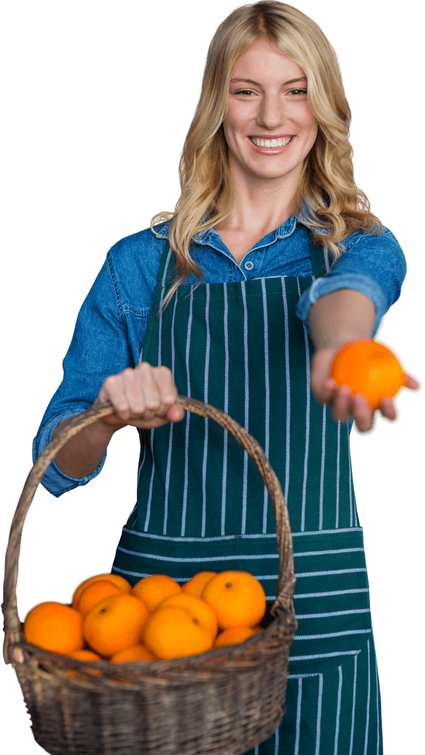 Smiling Woman Offering Fresh Oranges with Transparent Background