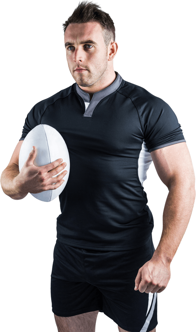 Confident Rugby Player Holding Ball in Transparent Background